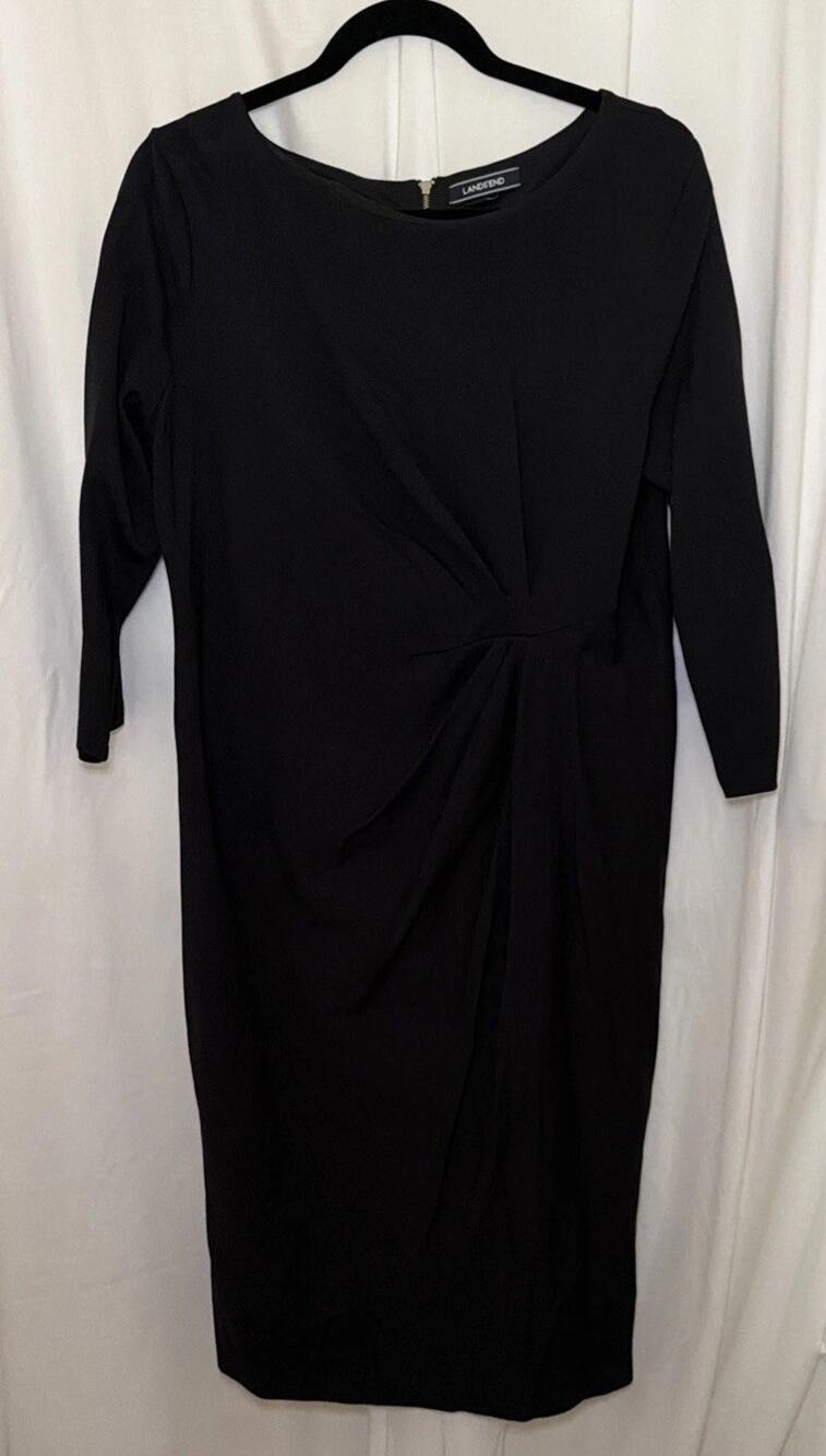 Lands’ End Women’s Black Sheath Dress Size 14P 3/4 Sleeve Fun Career